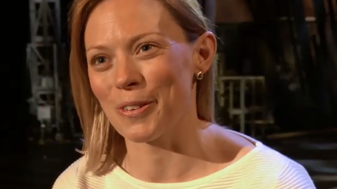 Lucy Phelps talking to the camera about the As You Like It production