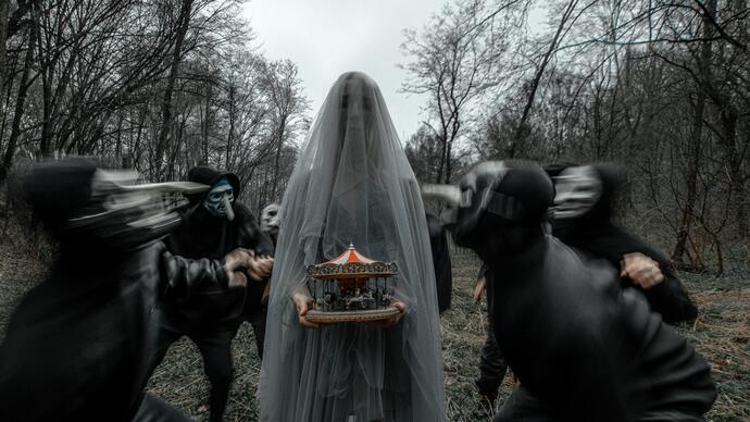 A performer in a white veil holds a miniature carousel while a groupe of other performers wearing black outfits and scary face masks surround her.