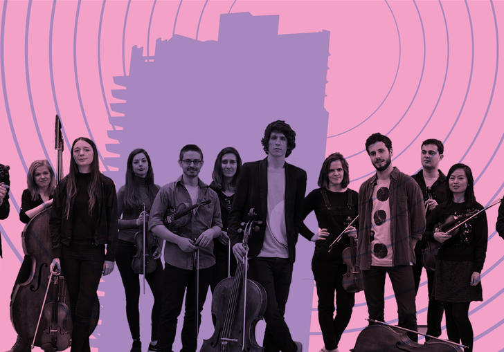 12 Ensemble with their string instruments, standing in front of the Barbican tower with radio broadcast waves emitting