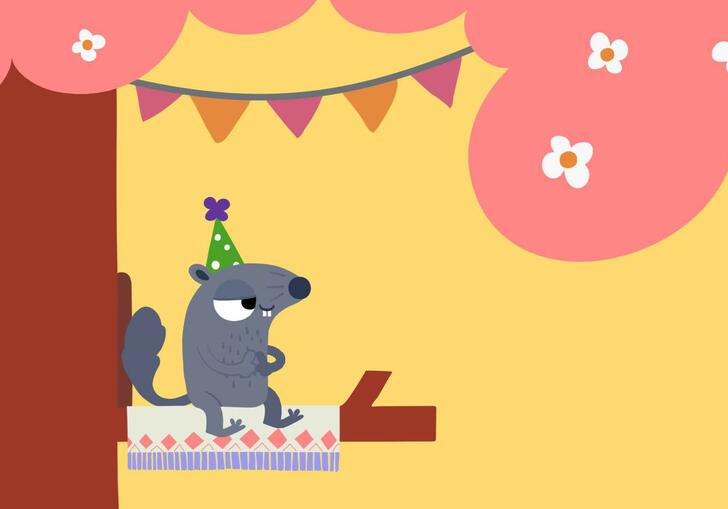 A cartoon mouse sits on a branch on a tree wearing a party hat.