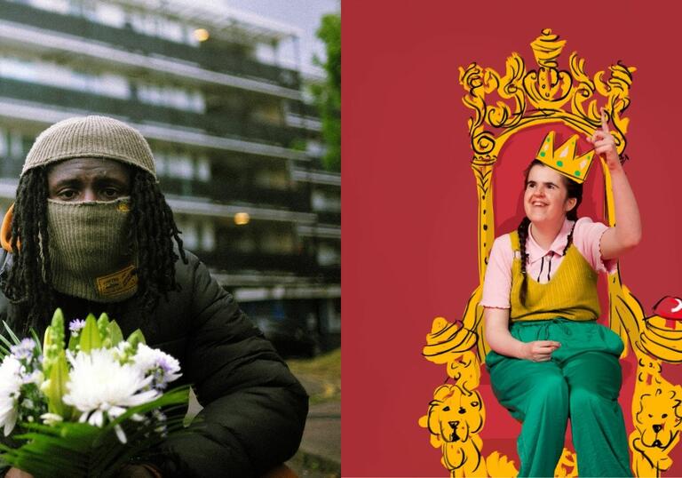 The production images for HighRise's The UK Drill Project and Zoo Co Theatre's Perfect Show For Rachel side-by-side. Left: a person wearing a face covering and holding flowers kneels in front of a block of flats. Right: a person sits on an animated throne wearing an animated crown, smiling and pointing to the air.