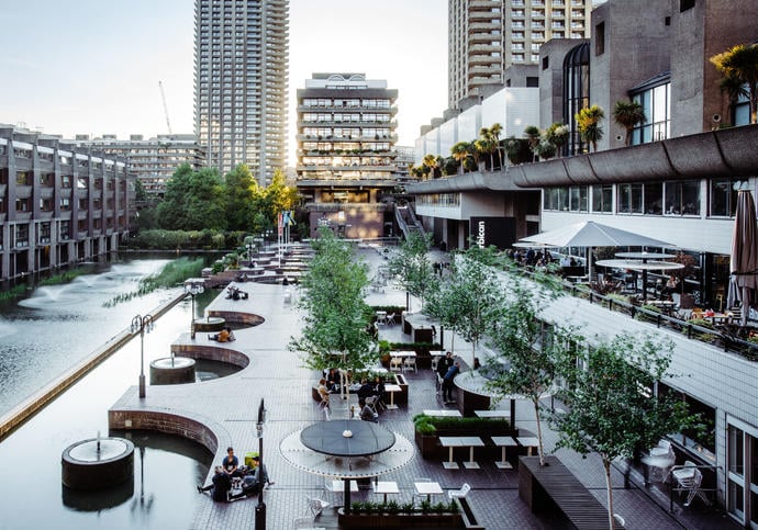 photograph of the barbican lakeside with images of the seating and barbican kitchen restaurant 
