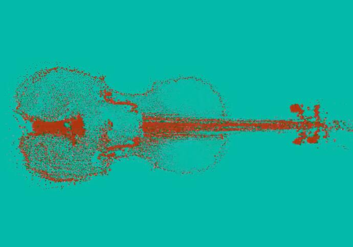 a pixelated violin on a green background