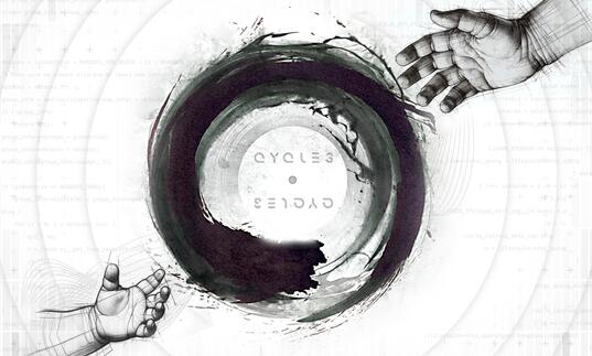 Two hands reach towards each other towards a swirling black circle with the word 'cycles' in the middle