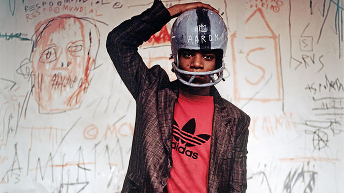 photo of jean-michel basquiat with adidas and a sport helmet