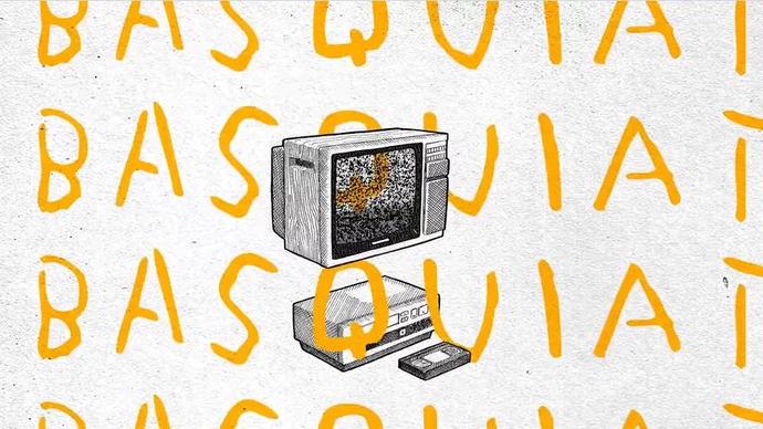 an illustration of a computer with the word Basquiat scribbled all over