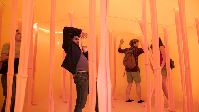 Visitors inside a yurt at Station to Station