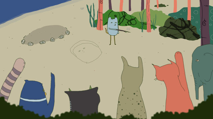 Illustration of a group of animals on a beach