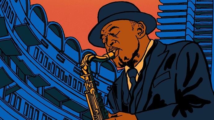 An illustration of Archie Shepp playing saxophone at the Barbican