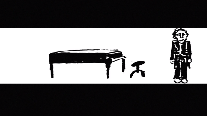black and white drawing of a man and a piano