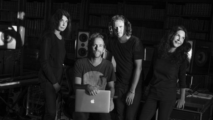 Katia and Marielle Labéque with Bryce Dessner and David Chalmin and a laptop in the studio.