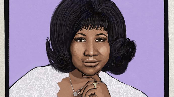 Colourful illustrations of Aretha Franklin and the performers