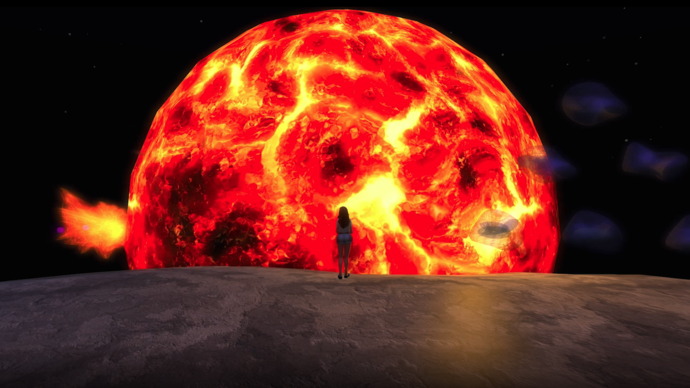 Animated woman stands in front of a burning sun