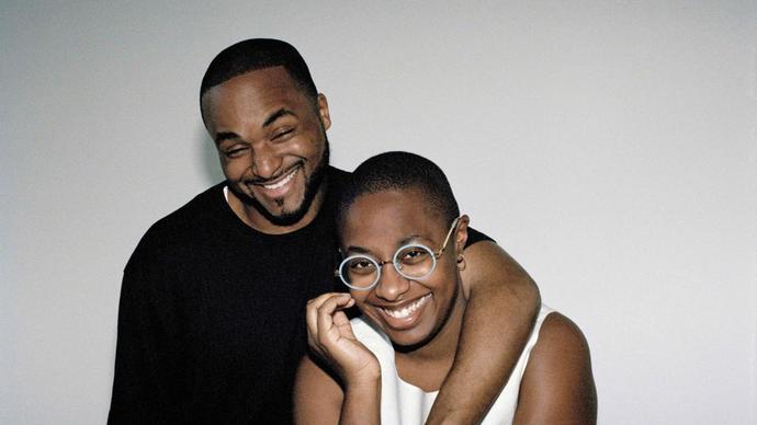 Photo of Cecile McLorin Salvant And Sullivan Fortner laughing as they pose for a picture