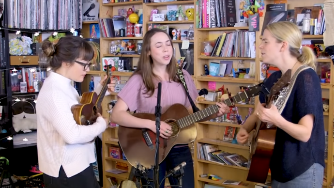 Photo of Aoife O'Donovan, Sarah Jarosz and Sara Watkins performing at NPR's Tiny Desk Concert