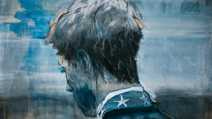 Photo of painting which is of the back of a man with short hair looking down to the left