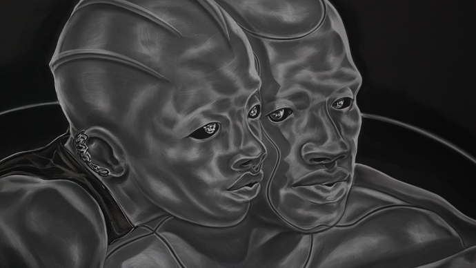 A drawing of a man and a woman, faces side by side, by Toyin Ojih Odutola
