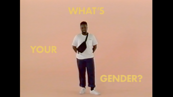 campbell addy against a pink background and yellow text saying 'what's your gender' 