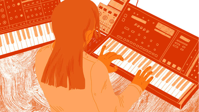orange illustration of a person playing the keyboard