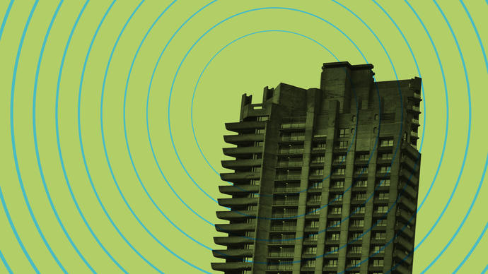 Graphic of the Barbican with radio waves