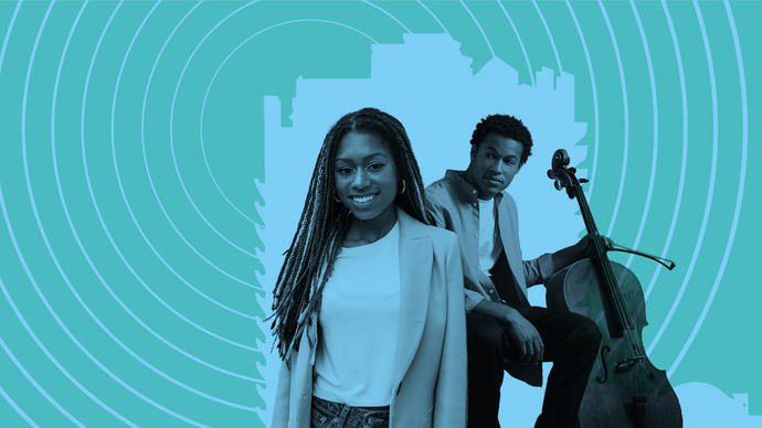 Sheku Kanneh-Mason with his cello and Isata Kanneh-Mason in front of the Barbican with radio broadcast waves emitting