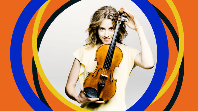 Vilde Frang smiling and holding her violin, with BBC SO branding around the edge of the image
