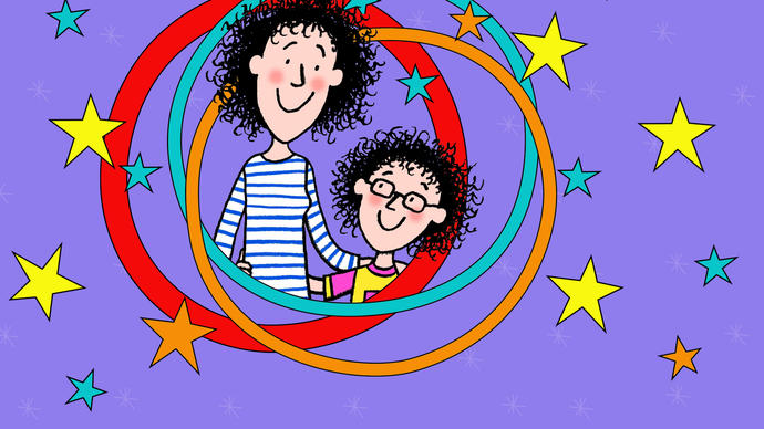Drawing of Jacqueline Wilson characters on a purple background, circled with stars around them