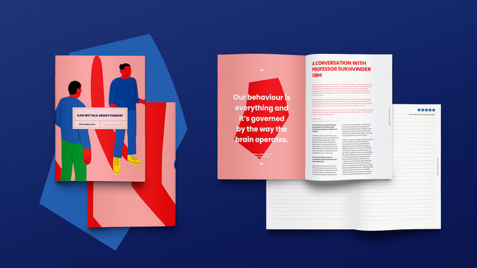 Illustration of an open booklet with pink and blue colours on the pages and an illustration of two people standing