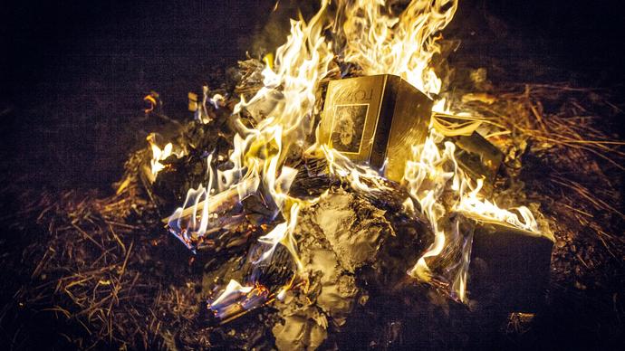 A burning pile of books.