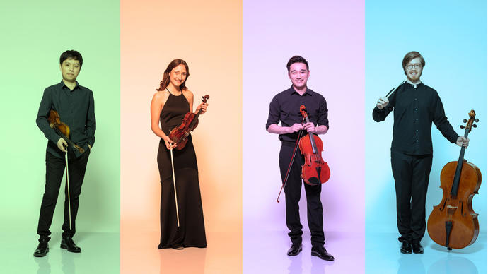 The players of Simply Quartet stand separately, each with a different coloured rectangle behind them