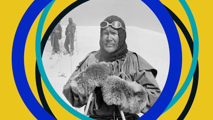 Black and white photo of Captain Scott in the Antarctic