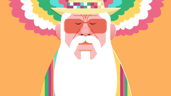 cartoon image of Hermeto Pascoal in rainbow colours