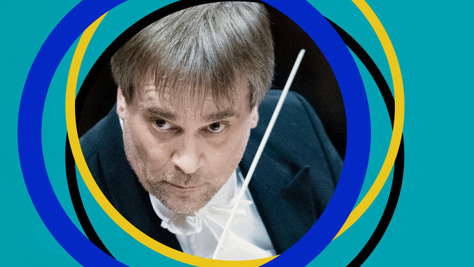 John Storgårds is in the centre of a BBC SO branded image, holding his baton across his left shoulder