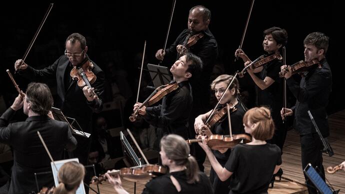 Violinists from the Australian Chamber Orchestra playing their instruments on stage