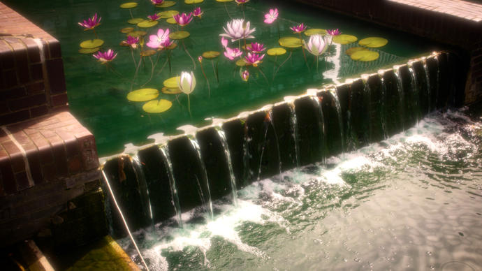An image of some water at the Barbican Centre with pink flowers and lily pads overtaking.