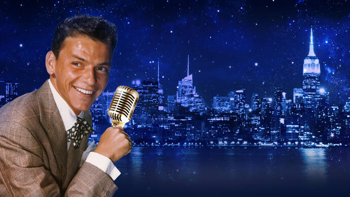 Frank Sinatra superimposed in front of the New York City skyline at night