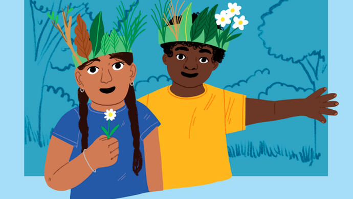 Illustration of two kids wearing homemade crowns made from leaves