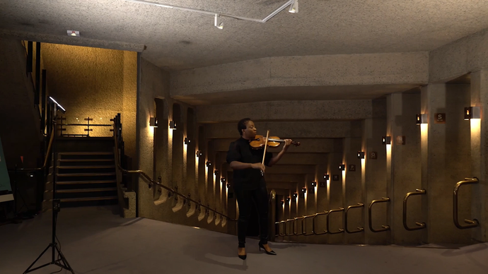 Violinist Tai Murray performing on the top of steps of the Barbican Theatre Stalls Left