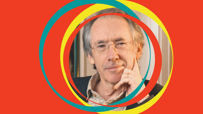 Ian McEwan leans on his hand, his centralised image is surrounded by BBC SO branding