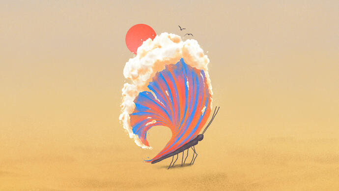 Graphic illustration of a a butterfly whose wings create an ambient wave amidst a sunset