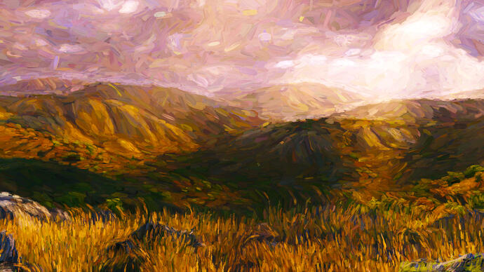 Painting of rolling hills at golden hour