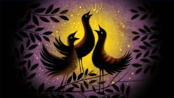 Illustration of three birds singing against a yellow and purple background overlaid with the shadows of tree branches