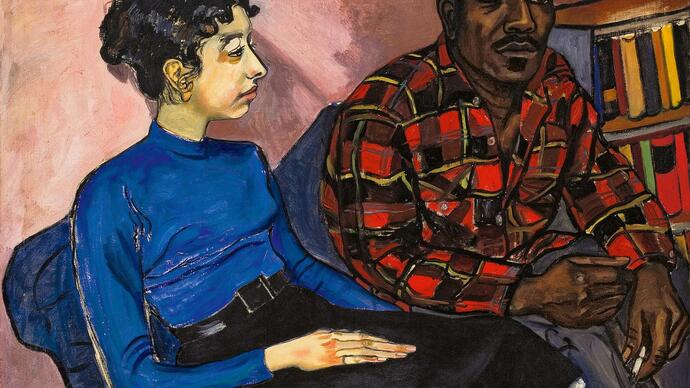 A portrait by Alice Neel of two figures sat together.