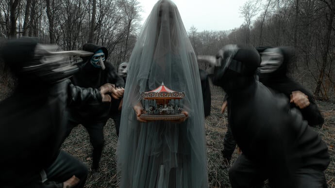 A person wearing a white veil and holding a miniature ferris wheel stands and stares at the camera while a group of people dressed in black surround her.