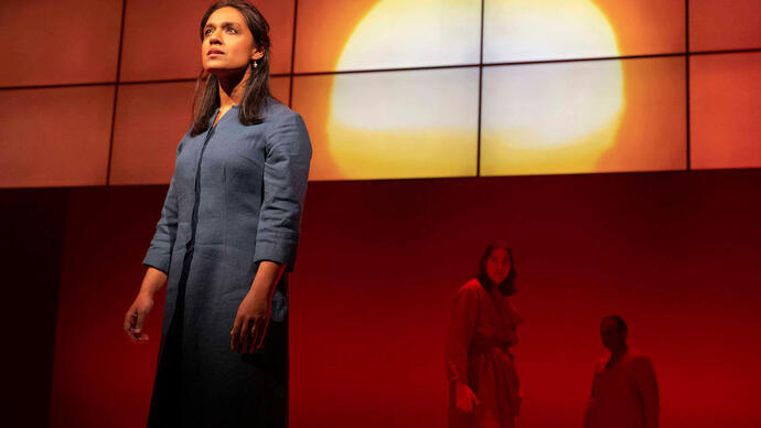 A person wearing a grey dress looks out at the audience while a setting sun is projected behind her.