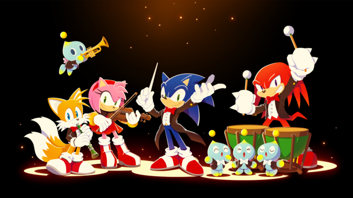 Characters from Sonic the Hedgehog playing musical instruments, with Sonic in the centre conducting