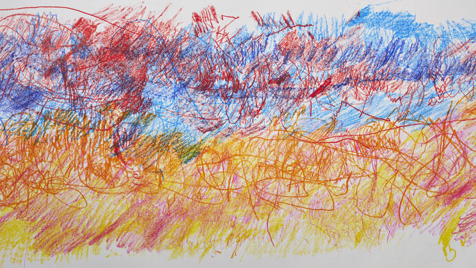 Artwork of blue, red, pink, orange, yellow colours on top of each other