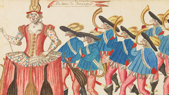 15th century costume design illustration by Daniel Rabel, created for the court ballets of Louis XIII. This illustration depicts the Fairy of Music and her entourage of musicians. 