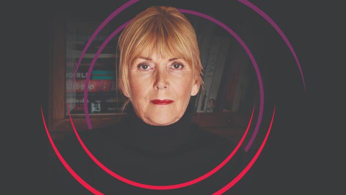 Kate Atkinson looking at the camera, with circular purple and red swirls around her