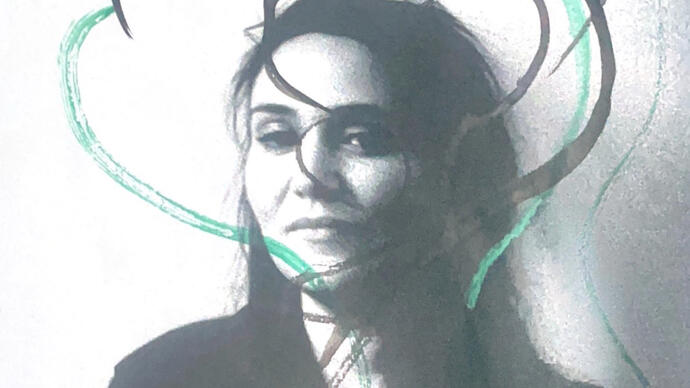 Grainy, greyscale photo of Freya Waley-Cohen overlaid with grey and turquoise paint swirls 